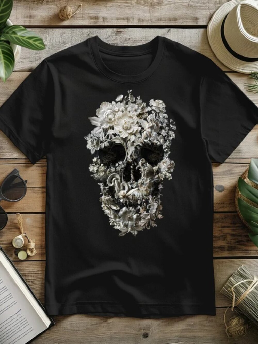 Floral Skull Graphic Tee - Bella Canvas Gothic Art Shirt